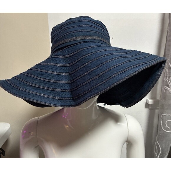D & Y Accessories - D&Y Sun Hat Wide Brim Floppy Soft Navy Blue Cotton Ribbon Bow Beach Travel